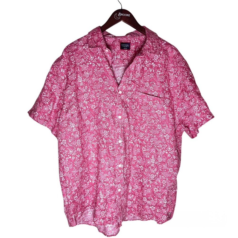 UNTUCKit Linen Short Sleeve Button Up Shirt Pink Floral Messina, Men’s XXL